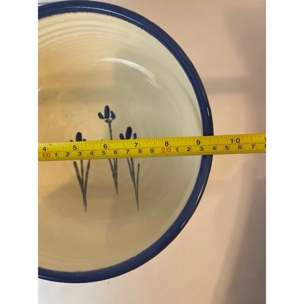 Lynn Gray Signed Studio Pottery Bowl Blue Iris Floral Cobalt Rim Large 9.5 Inch